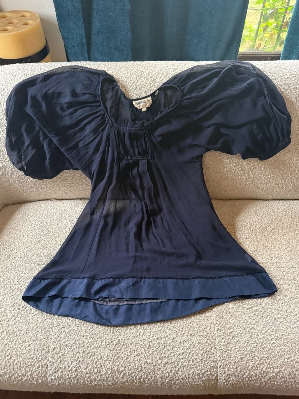 Sheer Navy Blue Silk 3/4 sleeve 100% silk pleated boho dress frm Bloomingdale's